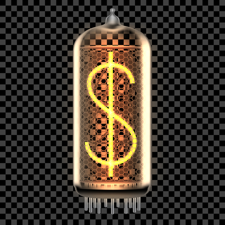 Nixie tube indicator lamp with dollar symbol lit up, as retro-styled alphabet, includes transparency. Vector illustration.のイラスト素材