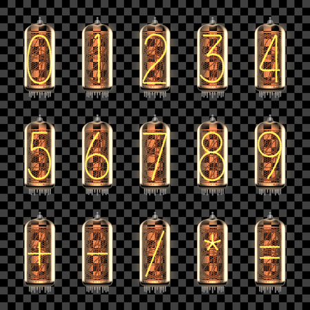 Numbers and math symbols lit up on retro-styled Nixie tube indicator lamps, includes transparency. Vector illustration.のイラスト素材