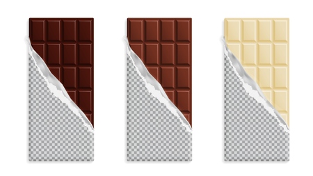 Milk, dark and white chocolate bars in wrapper mock up set, blank package with place for text isolated on white background. Vector illustrationのイラスト素材