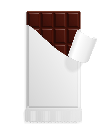 Dark bitter chocolate bar in a blank wrapper mock up. Sweet dessert package template. Vector illustrationのイラスト素材