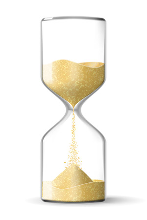 Realistic hourglass clock made of glass with yellow sand running down, isolated on white background. Vector illustration.のイラスト素材