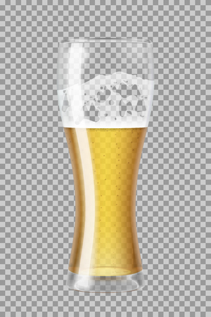 Tall beer glass almost full with lager beer and foam, in the process of drinking. Someone already took a sip from the glass. Transparent vector illustration.のイラスト素材
