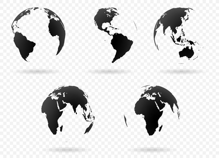 Set of Earth globe icon in different views. Highly detailed images of continents with transparent parts. Vector illustrationのイラスト素材