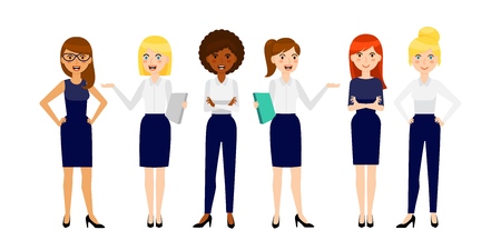 Set of three six smiling young business woman, wearing dress code clothes, isolated on white background. Vector illustrationのイラスト素材