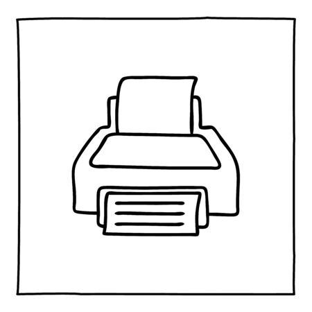 Doodle printer icon or logo, hand drawn with thin black line. Isolated on white background. Vector...