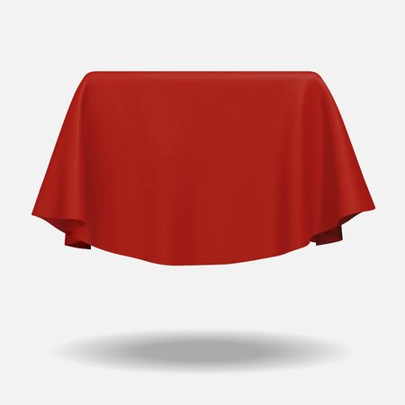 Red fabric covering a cube or rectangular shape, isolated on white background. Can be used as a stand for product display, draped table. Vector illustraionのイラスト素材
