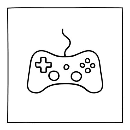 Doodle video game controller icon or logo, hand drawn with thin black line. Isolated on white...