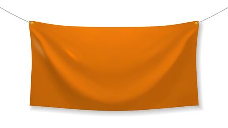 Orange fabric banner with folds and transparent shadow isolated on white background. Blank hanging textile template. Empty mockup. Vector illustrationのイラスト素材