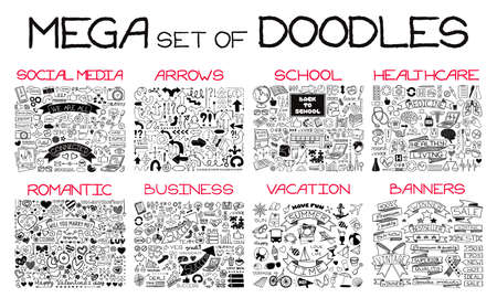 MEGA set of doodles. Super collection of banners, arrows, back to school, romantic love, business and finance, vacation, social media, healthcare and shopping elements. Creative infographic pictogramsのイラスト素材