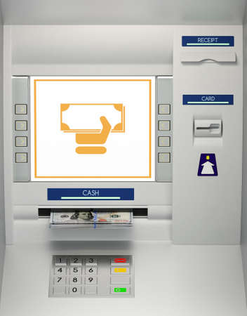 ATM machine, banknotes in money slot 3D illustrationの写真素材