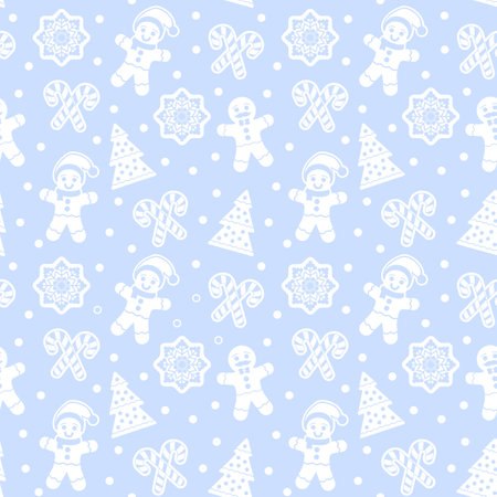 Christmas seamless pattern with gingerbread man cookies. Snowflake, Christmas Tree, candy cane. Graphic design element for packaging paper, prints, scrapbooking. vector illustrationのイラスト素材