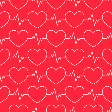 Seamless HEARTBEAT line pattern. Geometric red and white tileable background.のイラスト素材