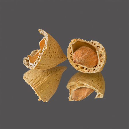 Almond nut in a shell cracked in half