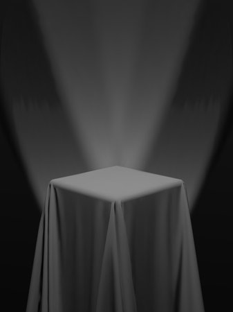 Black fabric covering a cube or a table, with black background and stage spotlights. Can be used as a stand for product display, draped table. vector illustrationのイラスト素材