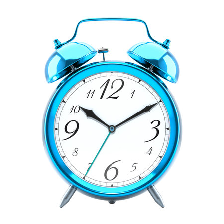 Alarm clock, vintage style blue metallic color clock with black hands.