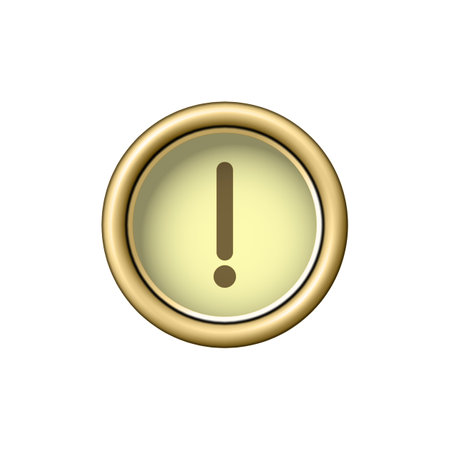 Exclamation mark symbol. Vintage golden typewriter button isolated on white background. Graphic design element for scrapbooking, sticker, web site, symbol, icon. Vector illustration.のイラスト素材