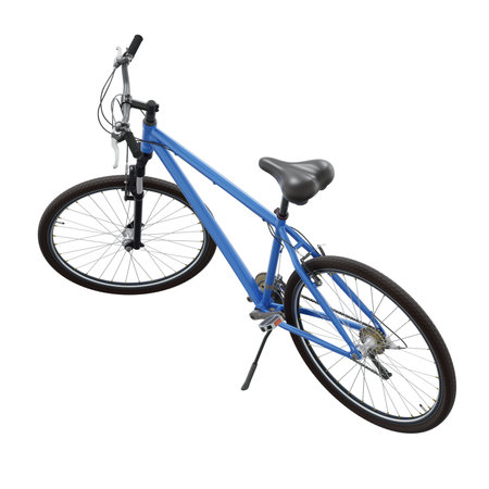 Blue bicycle standing on kickstand, side back view isolated on white backgroundの写真素材