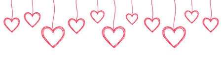 Tangled scribbled hearts hanging on a string, hand drawn with thin line, divider shape. Isolated on white background. Vector illustrationのイラスト素材