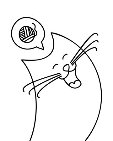 Doodle cat. Cute kitty dreaming of fun toys. Coloring book, pet shop or cat food advertisement. Hand drawn black and white animal banner for web. Graphic design element. Vector illustrationのイラスト素材
