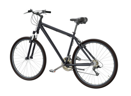 Black bicycle, side back view. Black leather saddle and handles. Isolated on white background, 3D illustrationの写真素材