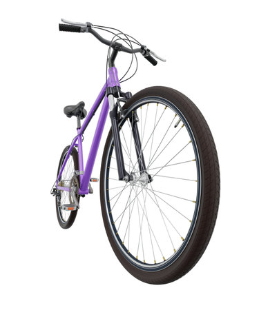 Purple bicycle, front side view with wide angle shot of the front wheel. Black leather saddle and handles. Isolated on white background, 3D illustrationの写真素材