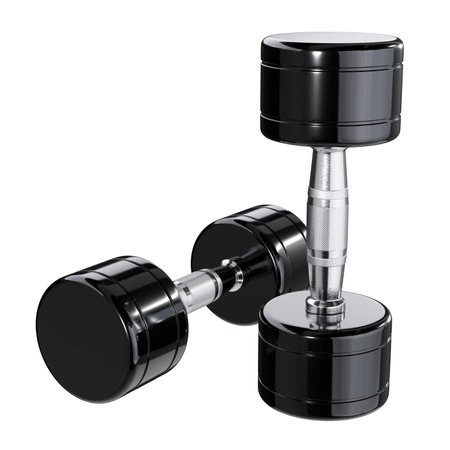 Two blank Round Dumbbells, black weightlifting gym equipment top view, isolated on white background. 3D illustrationの写真素材