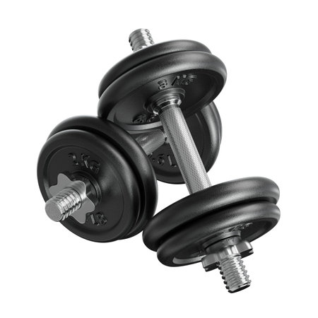 Cast Iron Black Adjustable Dumbbells, weightlifting gym equipment, side view, isolated on white background. 3D illustrationの写真素材