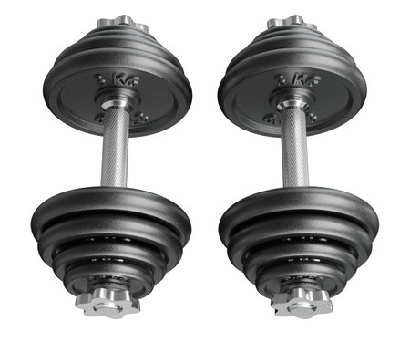 Pair of black adjustable dumbbells, weightlifting gym equipment, side view, isolated on white background. 3D illustrationの写真素材