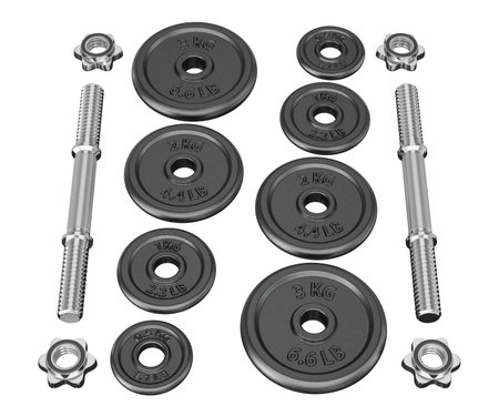 Parts of cast iron black Adjustable Dumbbel, rod handle, weight plates, spin lock collars isolated on white background. 3D illustrationの写真素材