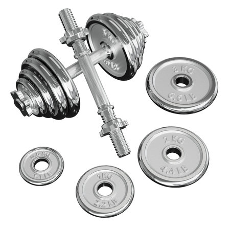 Chrome Adjustable Dumbbel and one taken apart with rod handle, weight plates isolated on white background. 3D illustrationの写真素材