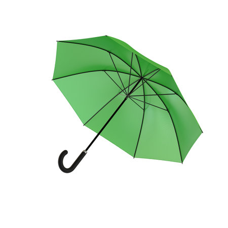 Open green umbrella with black handle, isolated on white background. 3D illustrationの写真素材