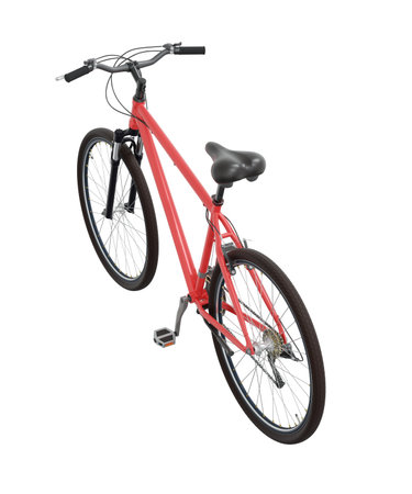Red bicycle, side top view. Black leather saddle and handles. Isolated on white background, 3D illustrationの写真素材