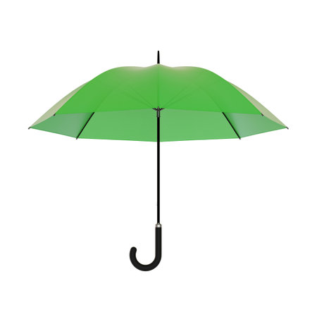 Open green umbrella with black handle, isolated on white background. 3D illustrationの写真素材
