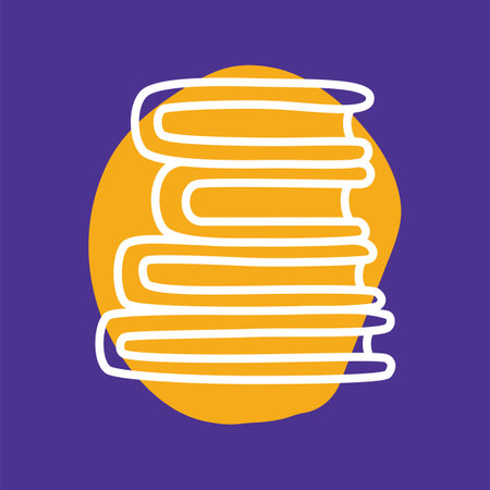 Doodle pile of books icon handdrawn with thin line and colored with colorful blobs. Hardcover literature symbol isolated on white background. Vector illustrationのイラスト素材