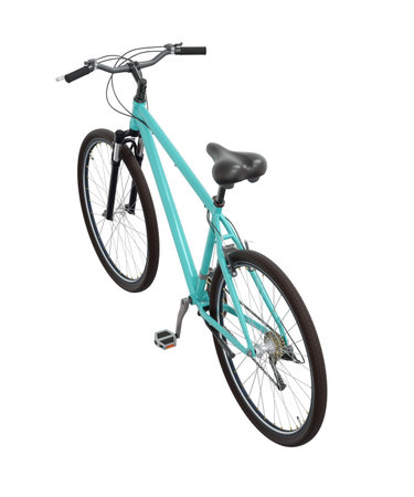 Blue teal bicycle, side top view. Black leather saddle and handles. Isolated on white background, 3D illustrationの写真素材