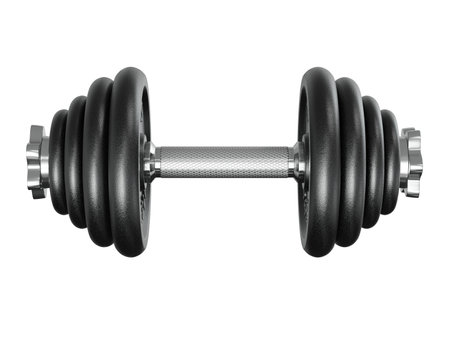 Cast Iron Black Adjustable Dumbbell, weightlifting gym equipment, side view, isolated on white background. 3D illustrationの写真素材