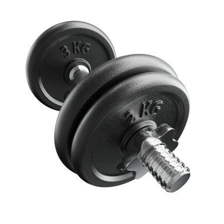 Cast Iron Black Adjustable Dumbbell, weightlifting gym equipment, wide angle view, isolated on white background. 3D illustrationの写真素材