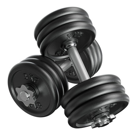 Cast Iron Black Adjustable Dumbbells, weightlifting gym equipment, side view, isolated on white background. 3D illustrationの写真素材