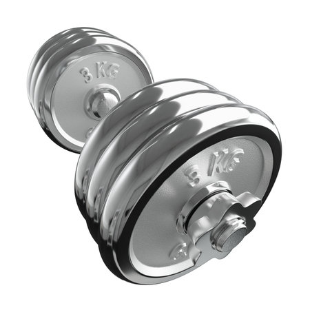 Cast Iron Chrome Adjustable Dumbbell, weightlifting gym equipment, wide angle view, isolated on white background. 3D illustrationの写真素材