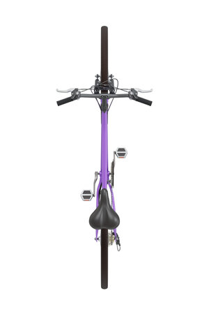 Purple bicycle, top view. Black leather saddle and handles. Isolated on white background, 3D illustrationの写真素材