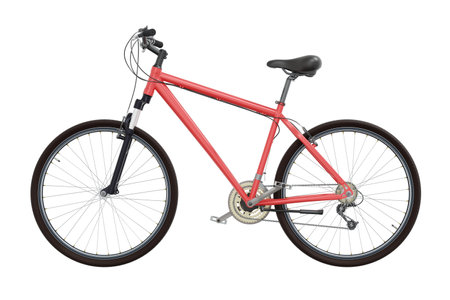 Red bicycle, side view. Black leather saddle and handles. Isolated on white background, 3D illustrationの写真素材