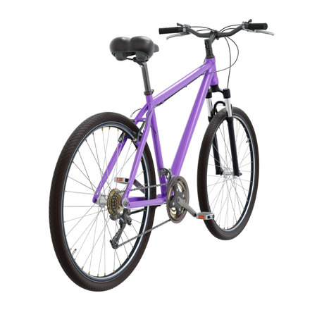 Purple bicycle, top back view. Black leather saddle and handles. Isolated on white background, 3D illustrationの写真素材