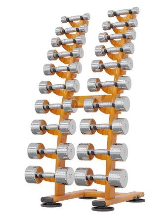 Gym Dumbbell rack, a stand for weightlifting gym equipment with different size and weight dumbbells, isolated on white background. 3D illustrationの写真素材