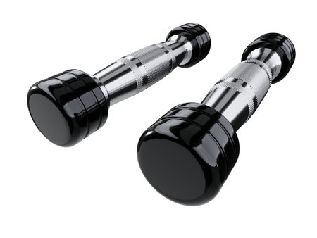 Two blank Round Dumbbells, black weightlifting gym equipment wide angle view, isolated on white background. 3D illustrationの写真素材