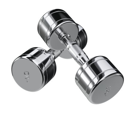 Two blank Round Dumbbells with number 9, chrome weightlifting gym equipment, isolated on white background. 3D illustrationの写真素材