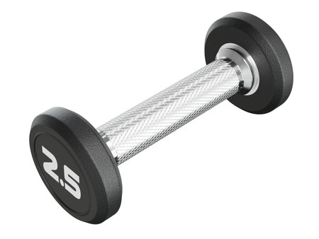 Blank Round Rubber Dumbbell with number 2.5, weightlifting gym equipment side view, isolated on white background. 3D illustrationの写真素材
