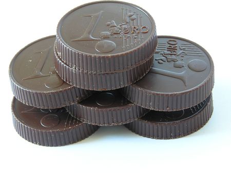 On a photo chocolate sweets in the form of a coin of euro . The photo is made and Ukraine.の写真素材