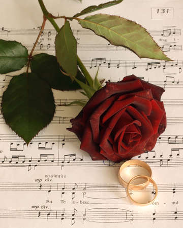 Red rose and its petals, ring on music sheetの写真素材