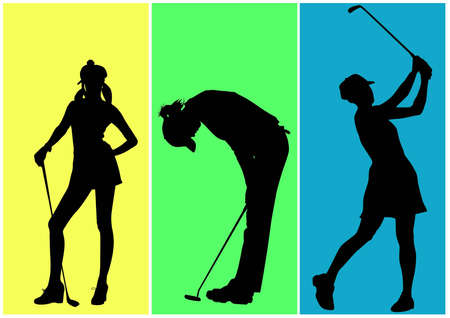 Girls playing in golf on colored backgroundの写真素材
