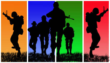 Four soldiers on colored back background.の写真素材